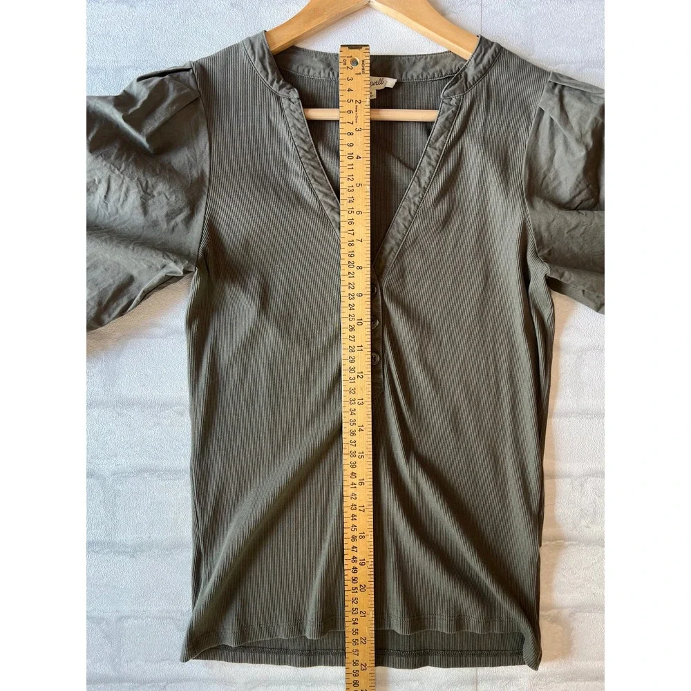 Madewell Olive Green Ribbed Puff Sleeve Henley Top Medium Cottagecore fairycore